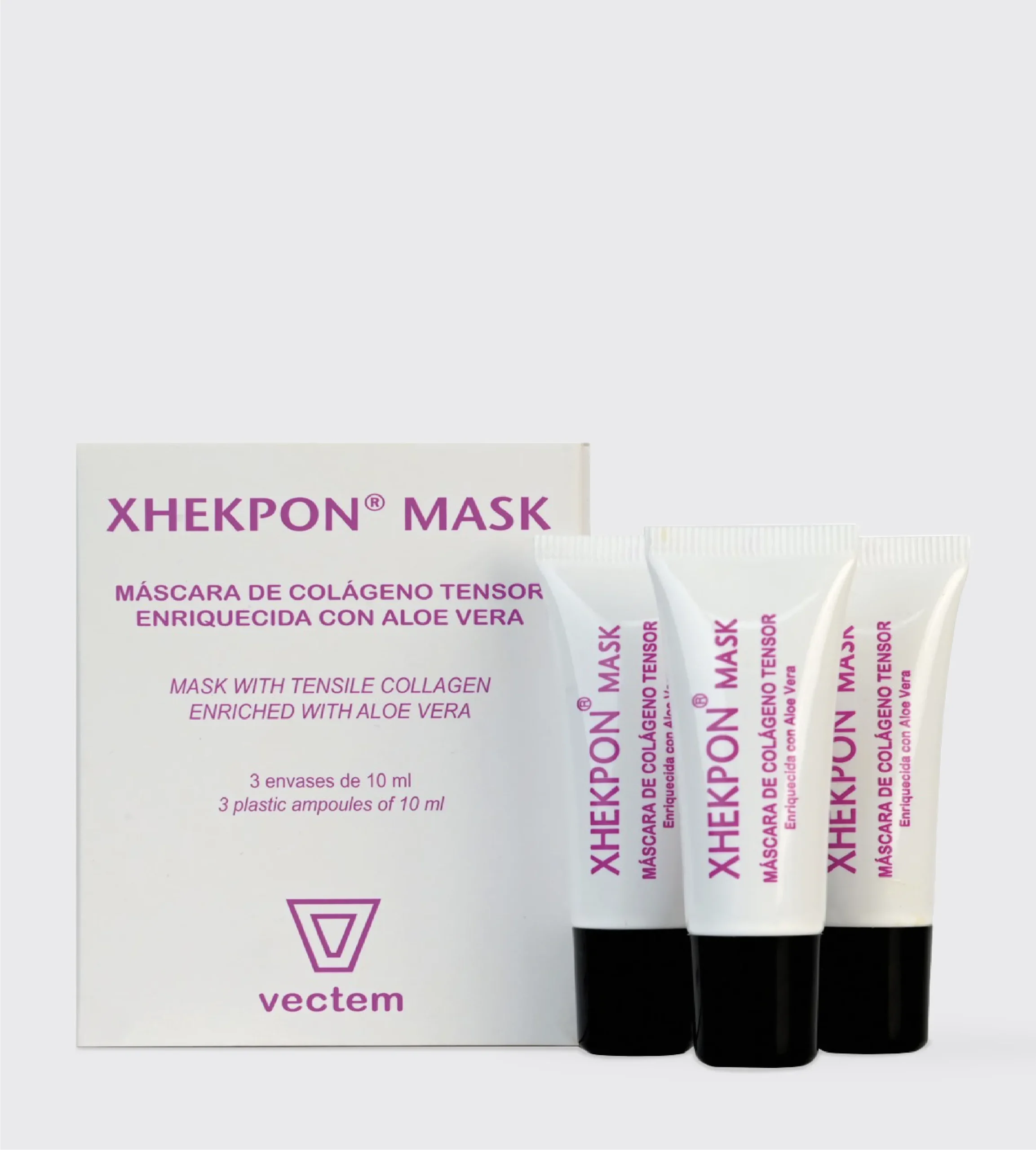 Cutie cu 3 tuburi a câte 10 ml de mască facială Xhekpon cu o concentrație mare de COLAGEN HIDROLIZAT și ALOE VERA, asociată cu GLICERINĂ pentru o rutină intensă ce hidratează în profunzime, repară și catifelează pielea