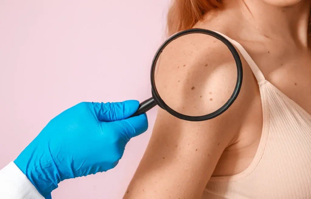 Dermatolog examinează alunițe cu lupă pentru depistarea cancerului de piele